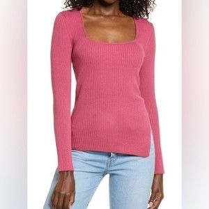 Nordstrom Open Edit Ribbed Square Neck Asymmetric Hem Side Slit